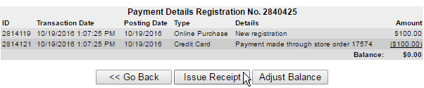 Payment Details for the selected purchase