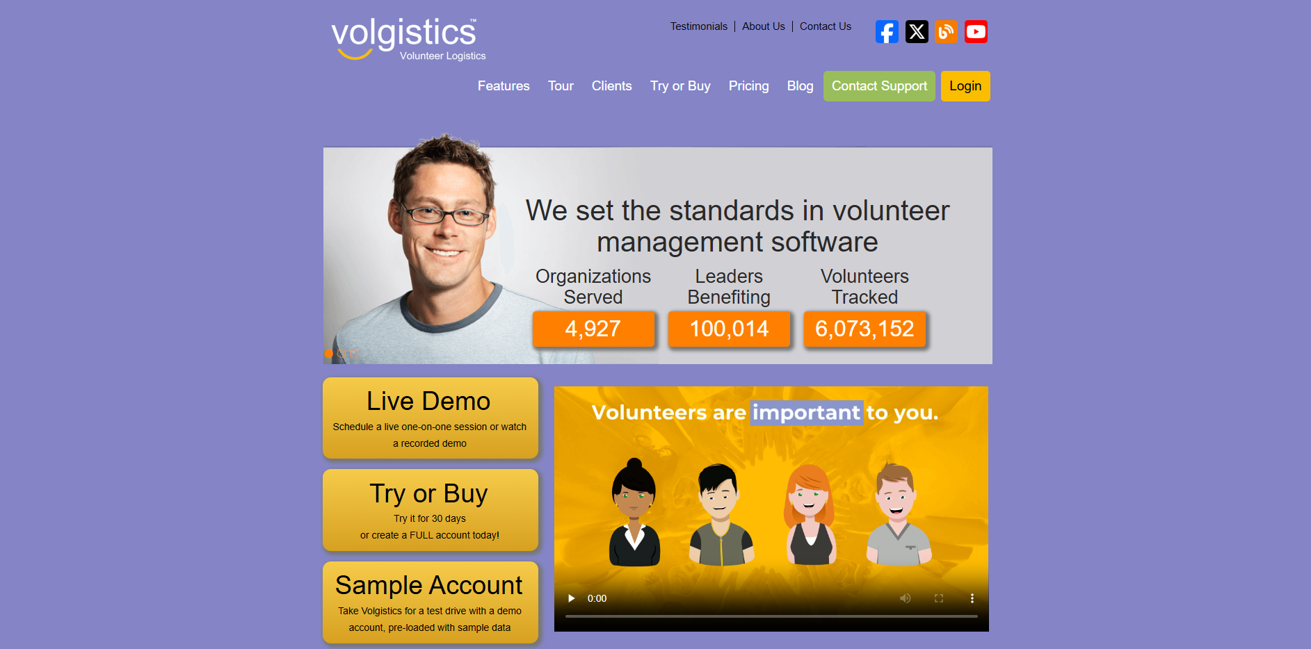 Screenshot of Volgistics' homepage