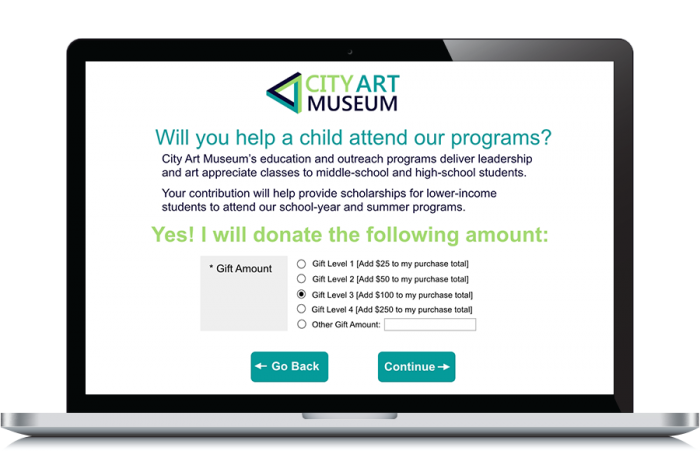 Visitors can add on donations and other upsells during purchase using Doubleknot museum event planning software.