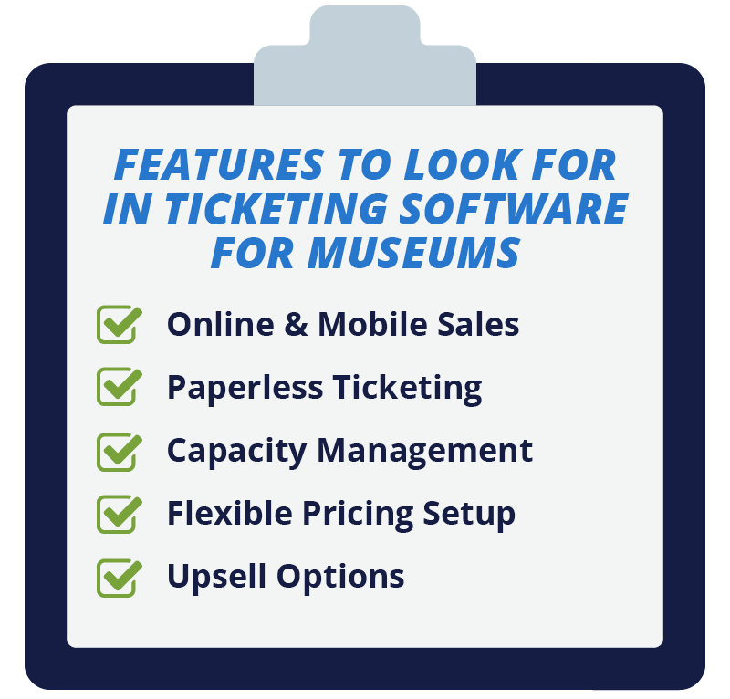 A checklist of five key features of ticketing software for museums, which are discussed in the following sections.