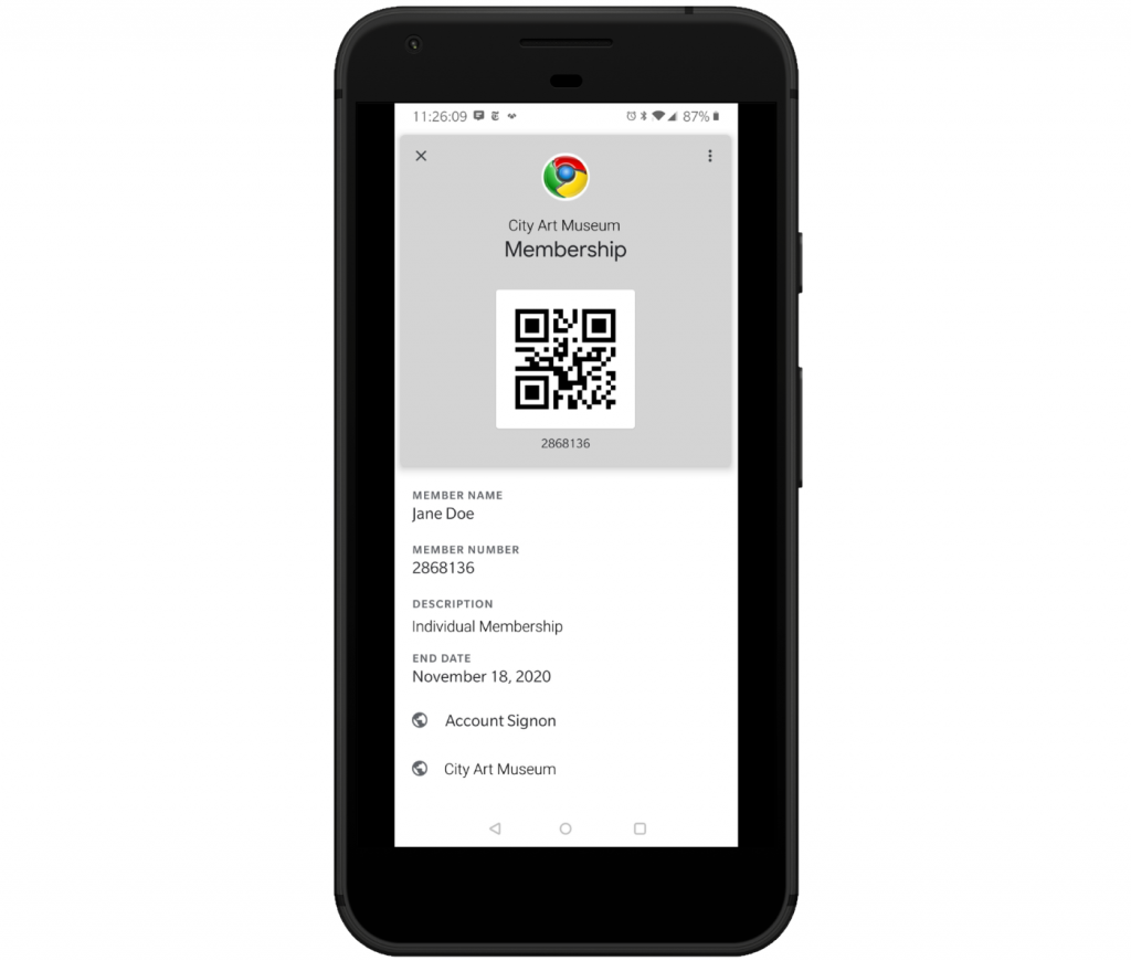 Membership card on Android phone