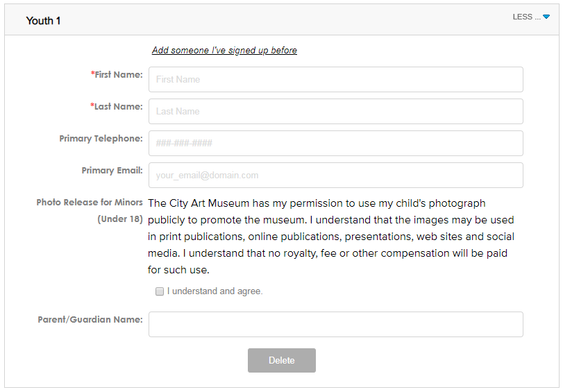 Inline registration form displayed with participant info