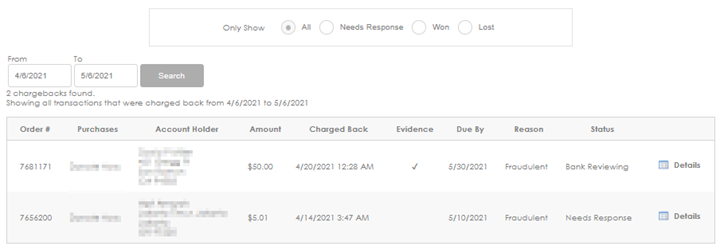 Manage Chargebacks page